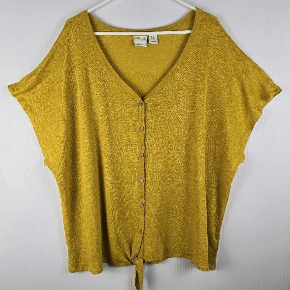 Rachel Zoe 100% linen short sleeve button down top with self tie